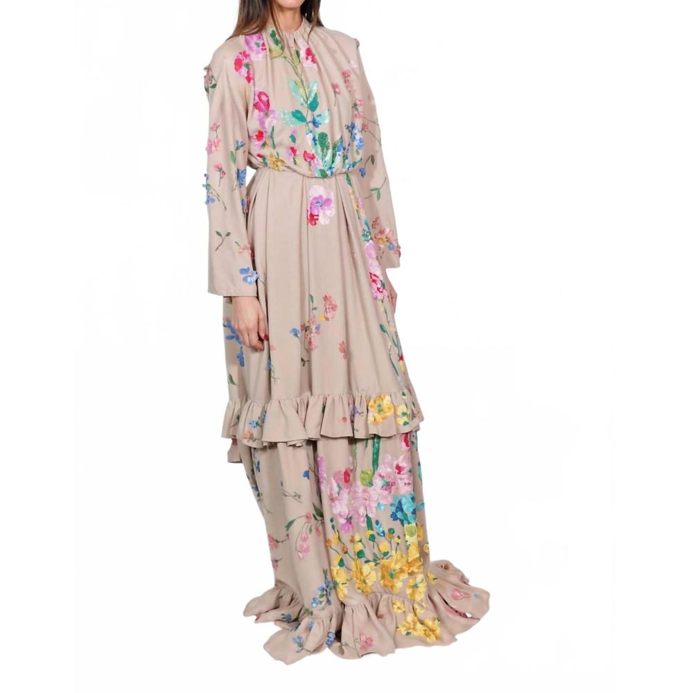NEW VALENTINO floral embroidered ruffle hem gown in poudre multi - Picture 2 of 3